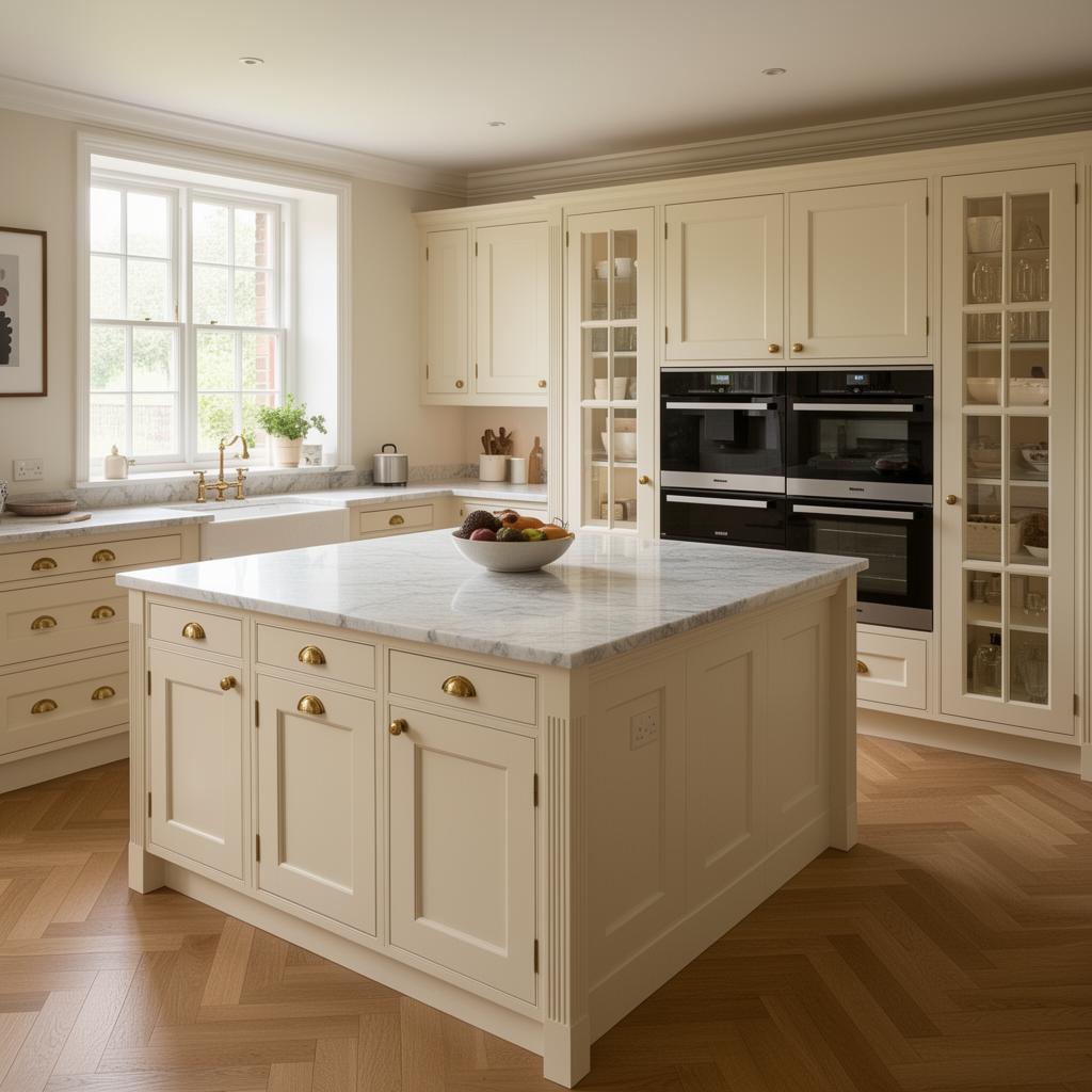 Bespoke handmade in-frame kitchen with cream painted cabinetry, brass cup handles and marble island