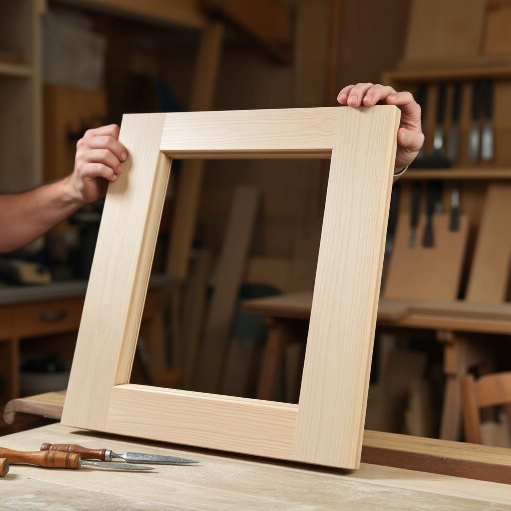 Cabinet maker working on a solid hardwood in-frame door in the workshop